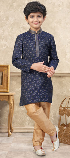 Blue color Boys Kurta Pyjama in Banarasi Silk, Jacquard fabric with Lace, Thread work