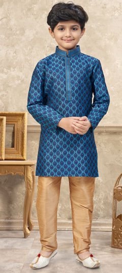 Blue color Boys Kurta Pyjama in Banarasi Silk, Jacquard fabric with Lace, Thread work