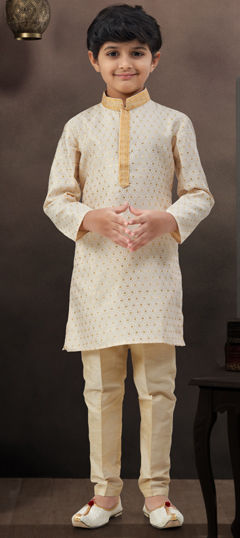 Beige and Brown, Gold color Boys Kurta Pyjama in Banarasi Silk, Jacquard fabric with Lace, Thread work