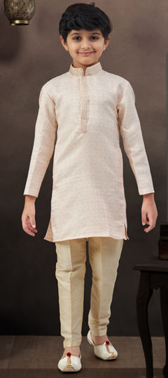 Pink and Majenta color Boys Kurta Pyjama in Banarasi Silk, Jacquard fabric with Lace, Thread work