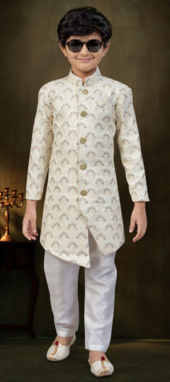 White and Off White color Boys Indo-Western in Silk fabric with Embroidered, Sequence work