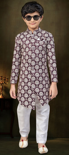 Purple and Violet, White and Off White color Boys Indo-Western in Silk fabric with Embroidered, Sequence work