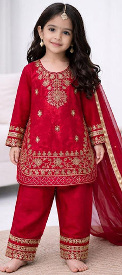 Red and Maroon color Kids Salwar in Silk fabric with Embroidered, Sequence work