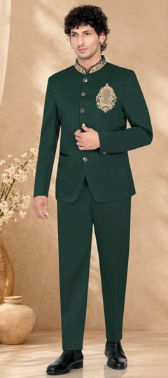 Green color Jodhpuri Suit in Rayon fabric with Embroidered work