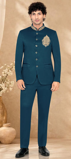 Blue color Jodhpuri Suit in Rayon fabric with Embroidered work