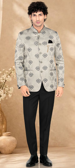 Black and Grey color Jodhpuri Suit in Viscose fabric with Thread work