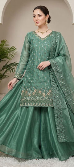 Green color Salwar Kameez in Tissue fabric with Bugle Beads, Embroidered, Sequence work
