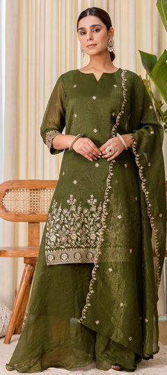 Green color Salwar Kameez in Blended, Silk fabric with Embroidered work