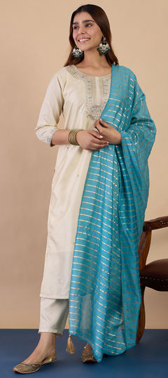 White and Off White color Salwar Kameez in Blended, Silk fabric with Embroidered work