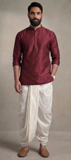 Red and Maroon color Dhoti Kurta in Dupion Silk fabric with Embroidered work
