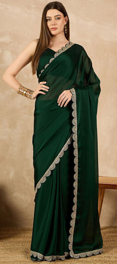 Green color Saree in Chiffon, Satin fabric with Embroidered, Thread work
