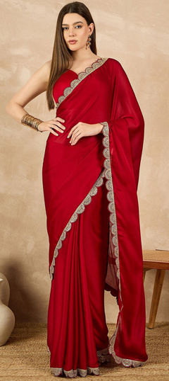 Red and Maroon color Saree in Georgette fabric with Embroidered, Thread work