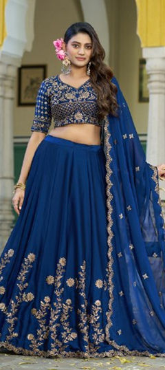 Blue color Lehenga in Silk fabric with Embroidered, Sequence, Thread work