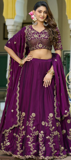 Purple and Violet color Lehenga in Silk fabric with Embroidered, Sequence, Thread work