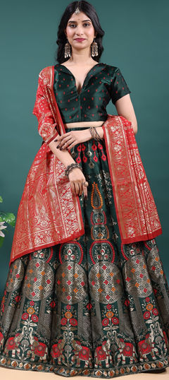 Green color Lehenga in Jacquard fabric with Weaving work