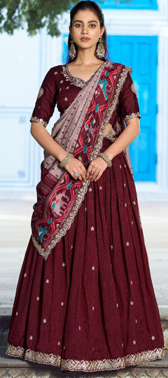 Red and Maroon color Lehenga in Silk fabric with Embroidered, Sequence, Thread work