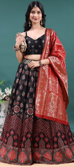 Black and Grey color Lehenga in Jacquard fabric with Weaving work