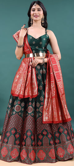 Green color Lehenga in Jacquard fabric with Weaving work