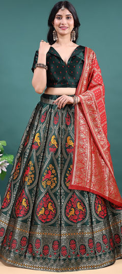 Green color Lehenga in Jacquard fabric with Weaving work