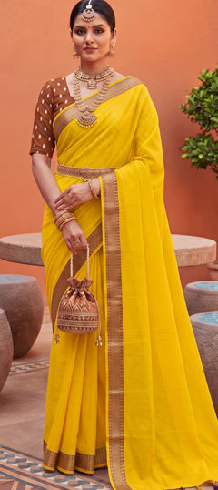 Yellow color Saree in Mul Cotton fabric with Weaving work