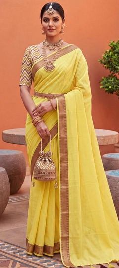 Yellow color Saree in Mul Cotton fabric with Weaving work