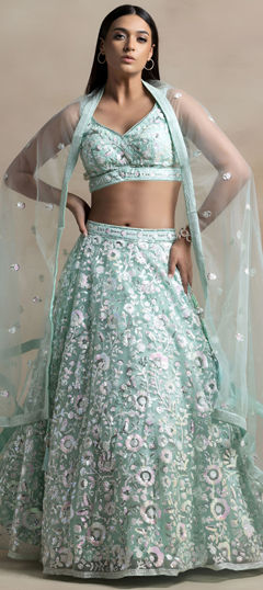 Blue color Lehenga in Net fabric with Embroidered, Sequence, Thread work