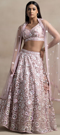 Pink and Majenta color Lehenga in Net fabric with Embroidered, Sequence, Thread work