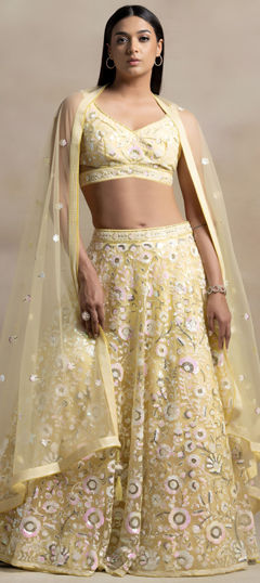 Yellow color Lehenga in Net fabric with Embroidered, Sequence, Thread work