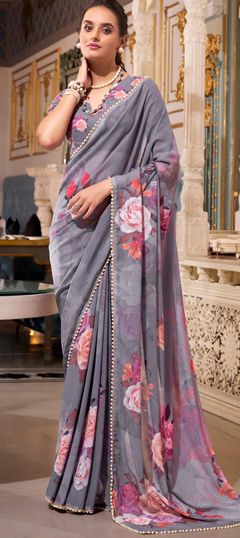 Black and Grey color Saree in Georgette fabric with Floral, Lace, Moti, Printed work