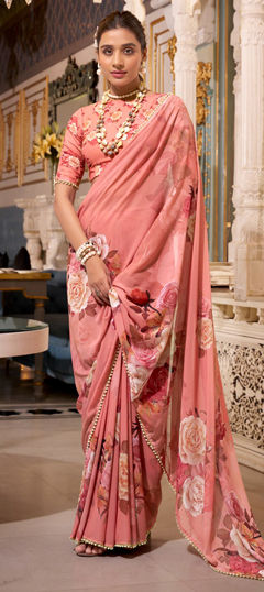 Orange color Saree in Georgette fabric with Floral, Lace, Moti, Printed work