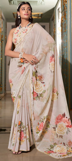 White and Off White color Saree in Georgette fabric with Floral, Lace, Moti, Printed work