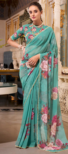 Green color Saree in Georgette fabric with Floral, Lace, Moti, Printed work