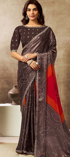 Beige and Brown color Saree in Satin Silk fabric with Bandhej, Embroidered, Printed, Stone work