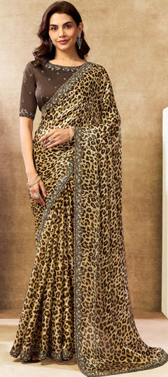 White and Off White color Saree in Satin Silk fabric with Embroidered, Printed, Stone work