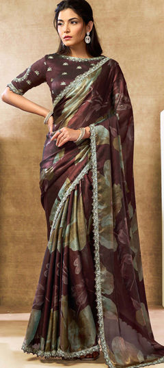 Beige and Brown color Saree in Satin Silk fabric with Embroidered, Floral, Printed, Stone work