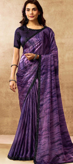 Purple and Violet color Saree in Satin Silk fabric with Embroidered, Printed, Stone work