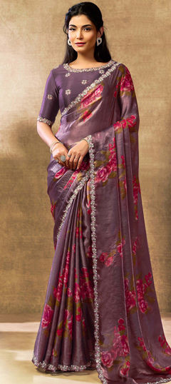 Purple and Violet color Saree in Satin Silk fabric with Embroidered, Floral, Printed, Stone work