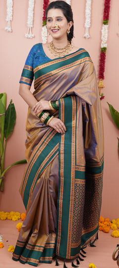 Beige and Brown color Saree in Silk fabric with Weaving work