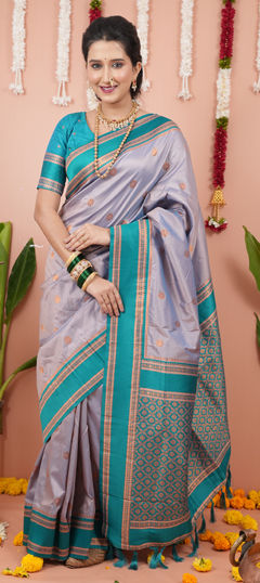 Black and Grey color Saree in Silk fabric with Weaving work