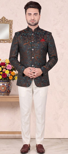 Blue color Jodhpuri Suit in Jacquard fabric with Weaving work