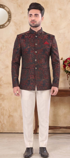 Blue color Jodhpuri Suit in Jacquard fabric with Weaving work