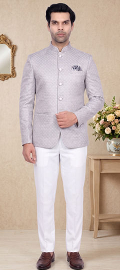 Black and Grey color Jodhpuri Suit in Jacquard fabric with Weaving work