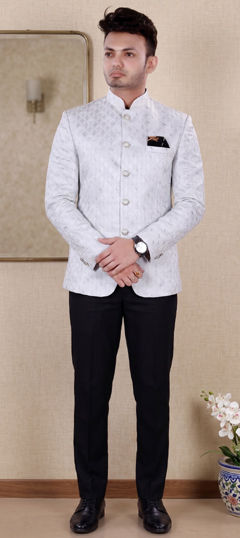 Black and Grey color Jodhpuri Suit in Jacquard fabric with Weaving work