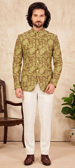 Green color Jodhpuri Suit in Jacquard fabric with Weaving work