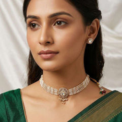 Gold Rodium Polish White and Off White color Necklace in Metal Alloy studded with CZ Diamond