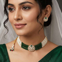 Gold Rodium Polish Green color Necklace in Metal Alloy studded with CZ Diamond