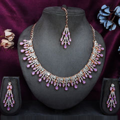 Gold Rodium Polish Purple and Violet color Necklace in Metal Alloy studded with CZ Diamond