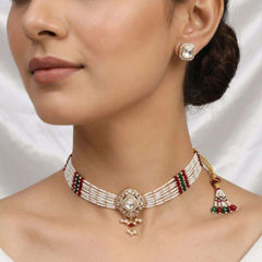 Gold Rodium Polish Red and Maroon, White and Off White color Necklace in Metal Alloy studded with CZ Diamond