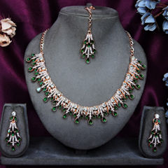 Gold Rodium Polish Green color Necklace in Metal Alloy studded with CZ Diamond