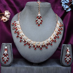 Gold Rodium Polish Red and Maroon color Necklace in Metal Alloy studded with CZ Diamond